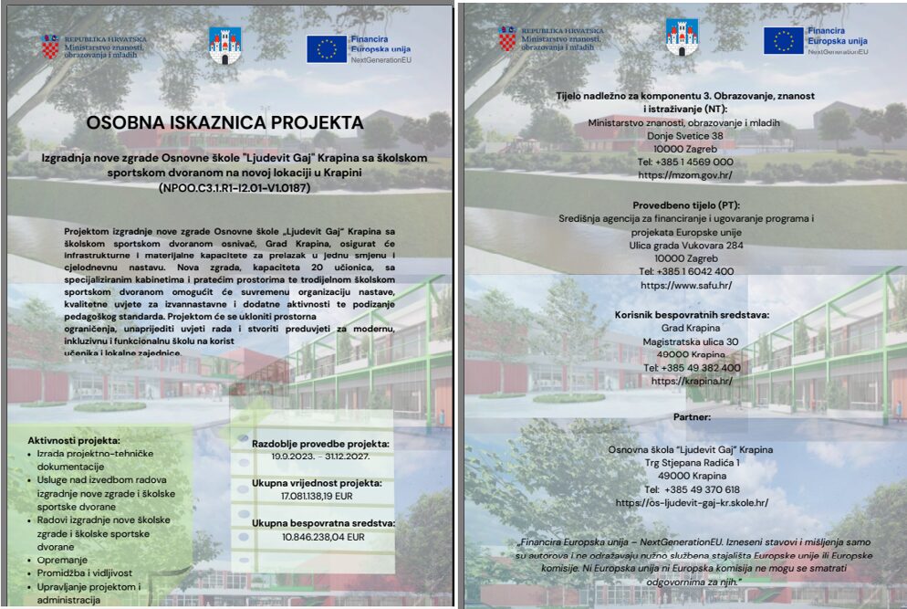 Osobna iskaznica za projekt “Izgradnja nove zgrade OŠ “Ljudevit Gaj” Krapina sa školskom sportskom dvoranom na novoj lokaciji u Krapini” .